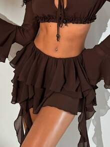 Aloruh Women's New Arrival Spring/Summer Low Waist Ruffle Hem Bohemian Style Jellyfish Flounce Mini Skirt, Brown - Brown - View 1