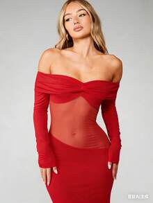 MISSGUIDED 露肩一字领长款连衣裙，网纱拼接镂空设计，长袖修身晚礼服，及地长裙 - 酒紅色 - 查看 3