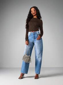 MISSGUIDED Long Sleeve Studded Hotfix T-Shirt Round Neck Fitted Casual Top Fall Winter Everyday Wear - Brown - View 4