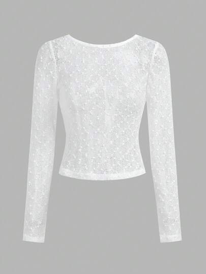 Franclia 女士透视短款露脐上衣，长袖紧身蕾丝上衣，适合派对和外出穿着