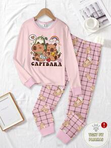 Pijama ajustado para niñas - Conjunto de pijama con dibujo de capibara rosa, top de manga larga de cuello redondo a juego con pantalones a cuadros, ajuste ceñido, ropa de estar en casa, ocio nocturno, estilo padre-hijo, apto para todas las estaciones, imprescindible de las vacaciones 2026, diseño de animal lindo, cómodo y casual, regalo con estilo