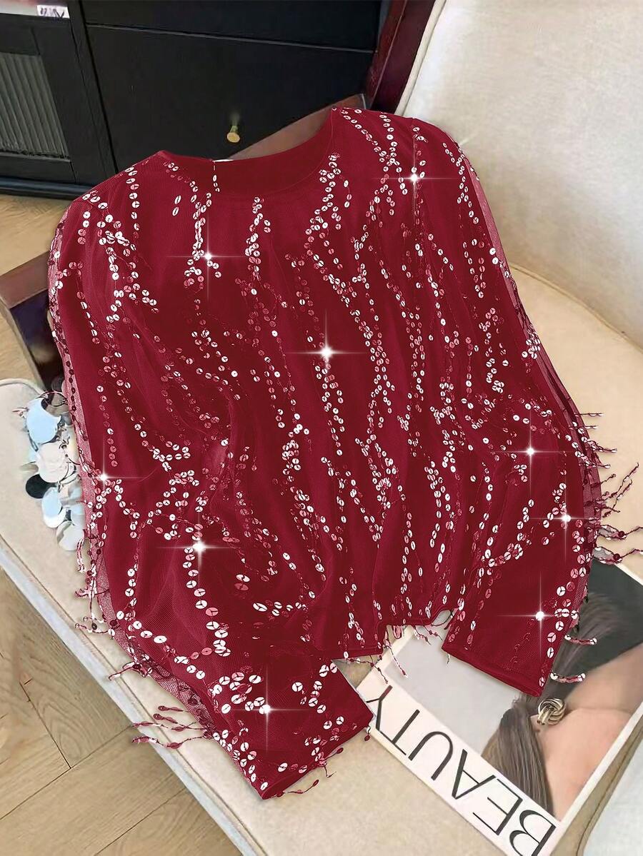 GlowEve CURVE Áo kiểu dài tay thanh lịch cỡ lớn đính sequin tua rua - Đỏ - Xem 1