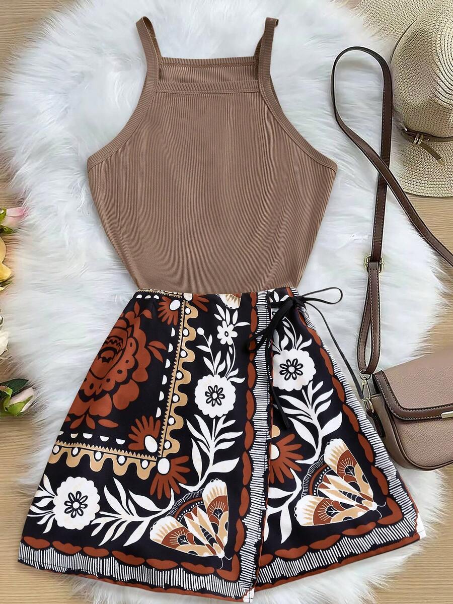 SHEIN Franclia Women's Retro Print High Waist A-Line Skirt + Fitted Ribbed Camisole 2 Pieces Set, Spring/Summer - Multicolor - View 1