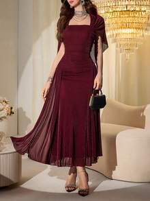 Modelyn Elegant Mesh & Shiny Yarn Strapless Shawl Sleeve Fitted Long Dress For Women, Spring/Autumn - Burgundy - View 3