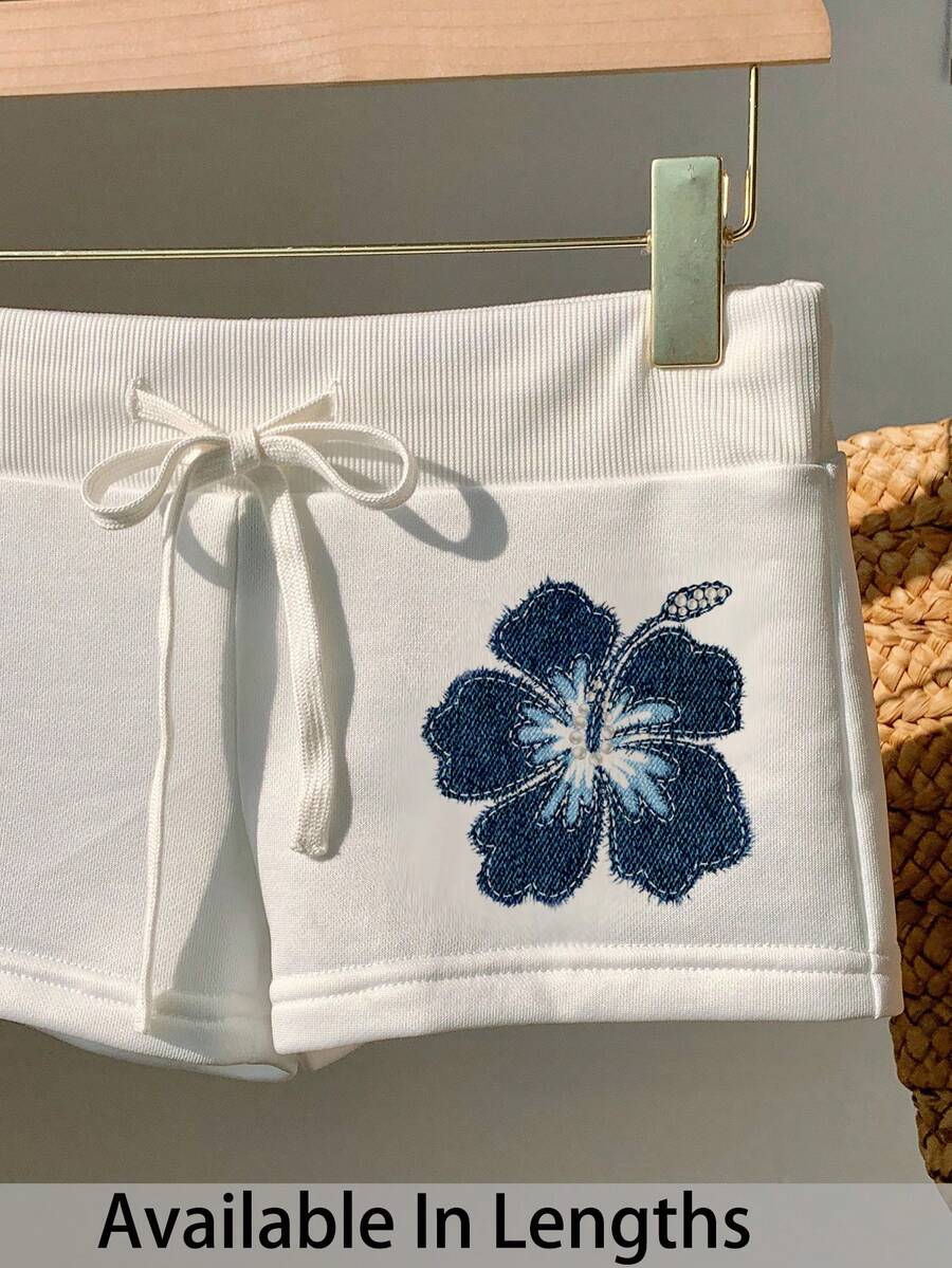 Comfortcana Floral Print Drawstring Waist Slim Fit Super Short Shorts, Summer White Shorts With Blue Flower