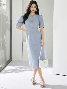 Heiryn 新款褶皱泡泡袖金属扣装饰收腰通勤百搭连衣裙 - 藍色 - 查看 2