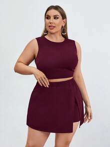 Firerie 大码优雅简约纯色无袖上衣和短裤两件套 - 中紫紅色 - 查看 3