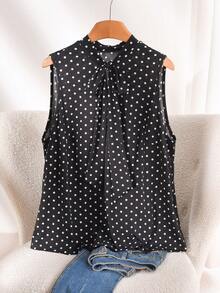 CosyJoli 大码女式蝴蝶结吊带上衣，女式波点无袖T恤 - 黑色 - 查看 1