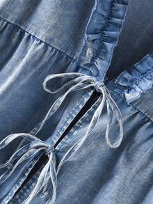 CosyJoli Áo nữ cỡ lớn, Áo cardigan thắt nơ, Áo sơ mi denim xanh, Áo kiểu dáng thường ngày đã giặt, Quần áo mùa hè dễ thương cho nữ, Áo denim nữ, Áo jean nữ, Áo cotton nữ, Quần áo cotton nữ, Váy denim mùa hè - Màu xanh lam - Xem 5