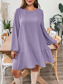 SHEIN Essnce Plus Size Women's Autumn And Winter Casual Loose Long-Sleeved Khaki Dress,Fall Short Dress,Fall Women Outfits,Office Wear,Work Women Dresses,Homecoming ,Teacher Clothes,Curv Dress - Lilac Purple - View 1