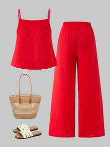 Tween Girl Casual Sweet Crinkle Textured Shirred Elastic Camisole Top Paired With Loose Wide Leg Pants 2 Pieces Set, Suitable For Daily, Vacation, Sisters Photo, Spring/Summer Outfit Clothes,Holiday,Summer,Travel Red Outfits Pants And Top Set Red Two Piece Outfit - Red - View 2