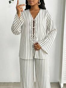 SHEIN Lady 2pcs Women Striped Print Long Sleeve Top And Pants Set - Khaki - View 1