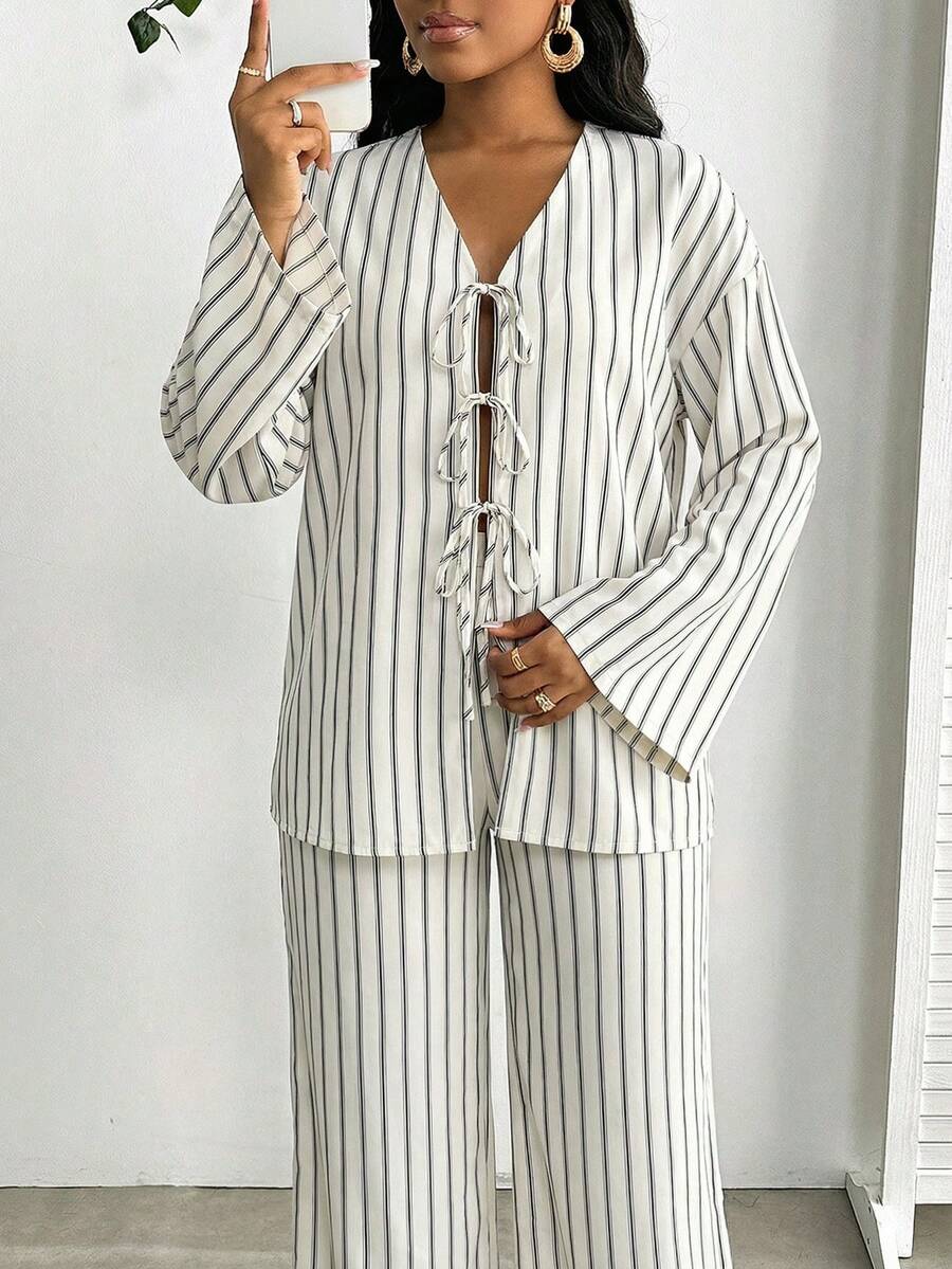 SHEIN Lady 2pcs Women Striped Print Long Sleeve Top And Pants Set - Khaki - View 1