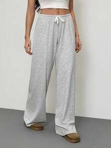SHEIN Tall Soft Knit Loose Drawstring Waist Pants, Suitable For Autumn/Winter Loungewear - Light Grey - View 4