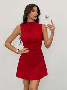 SHEIN Tall Đầm mini xếp ly dáng chữ A màu đỏ dành cho nữ, thanh lịch, tối giản, tinh tế, lãng mạn, ngọt ngào, thích hợp đi làm hàng ngày, dự tiệc cưới, lễ hội âm nhạc, kỳ nghỉ. - Đỏ - Xem 7