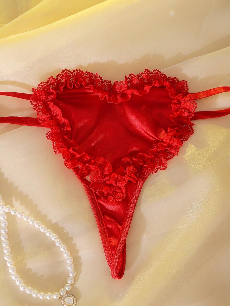 Valentine's Day Red Heart Ruffle Trim Babydoll, Cute & Romantic Gift, Club Outfit, Party, Music Festival Women Thong - Red - View 1