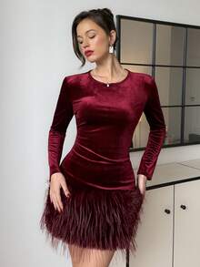 Lavishia 女士酒红色绒面连衣裙，时尚百搭，适合新年装扮、新年派对、情人节聚会 - 酒紅色 - 查看 3