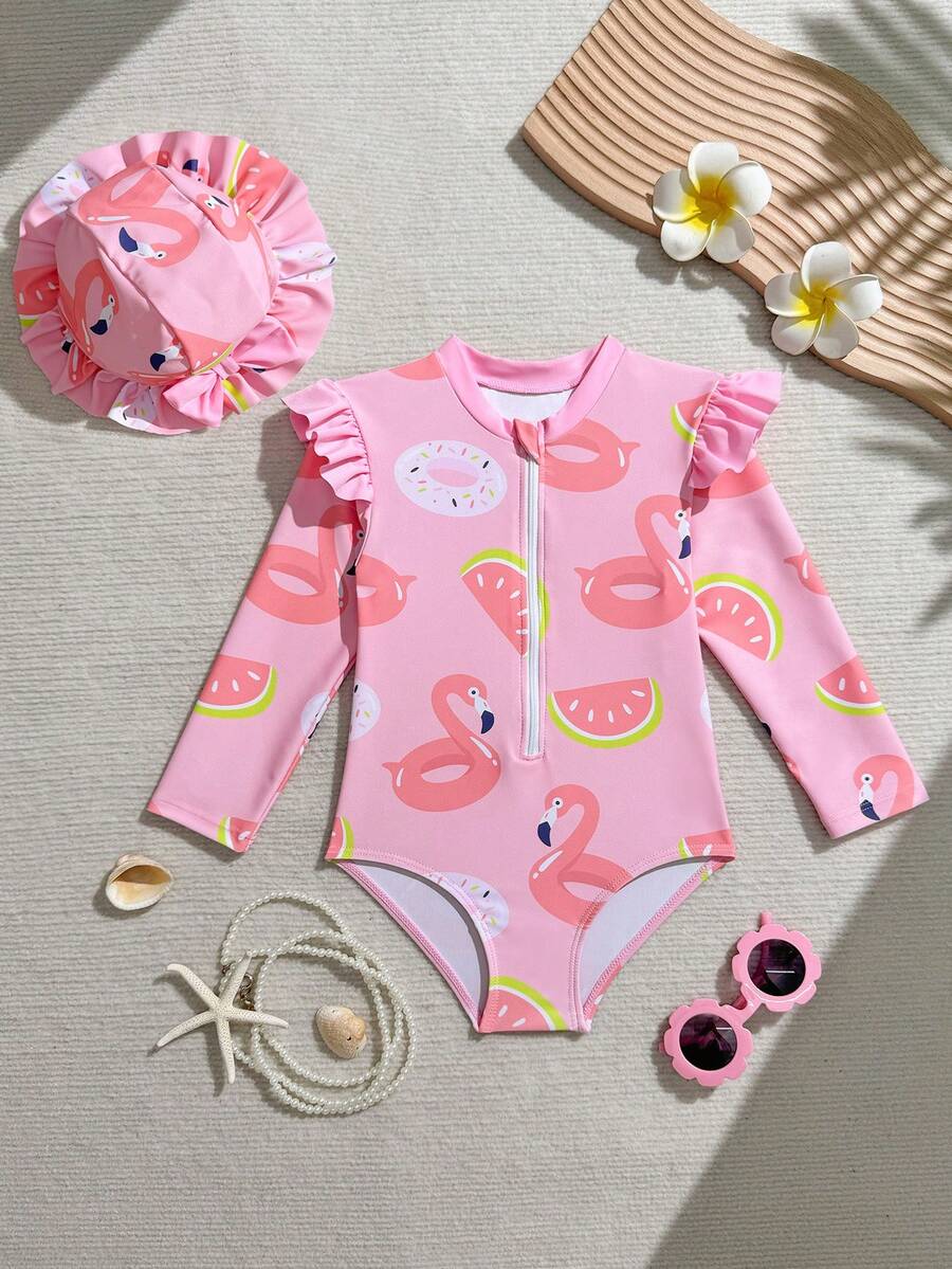 Baby Girl Cute Flamingo Print Long Sleeve One-Piece Swimsuit – Tropical Toddler Bathing Suit With Sun Protection, Pink Flamingo Outfit For Beach, Pool & Summer Photos Tropical Toddler Babygirl Bathing Suit Baby Girl One Piece Swimsuit Baby Girl Flamingo Outfit Baby Girl Swimsuit Long Sleeve - Multicolor - View 1