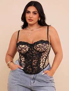 SHEIN BAE Plus Size Women Leopard Print Lace Patchwork Camisole, Going Out Tops - Black - View 3