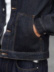 Manfinity EMRG Áo khoác denim ngắn, dáng ôm, rộng, màu xanh đậm, phong cách thường ngày, dành cho người trưởng thành, thích hợp cho mùa thu/đông. - Màu xanh lam - Xem 9