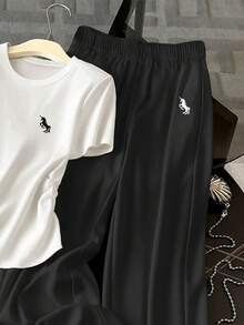 Resyla 2 piezas Conjunto de camiseta de manga corta casual y pantalones de ajuste holgado para mujer - Multicolor - Ver 4