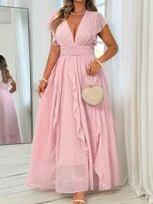 Roveilla Plus Size Elegant Solid Color Ruffle V-Neck Spring/Summer Pleated Dress - Pink - View 3