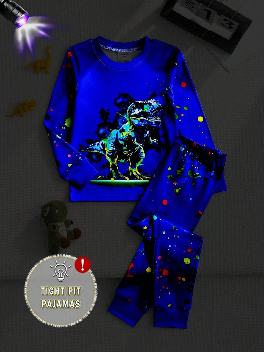 Bộ đồ ngủ bó sát thoải mái 2 món cho bé trai mới biết đi, dễ thương, cổ tròn, tay dài, in họa tiết khủng long kỹ thuật số định vị bằng laser - Xanh đậm - Xem 1