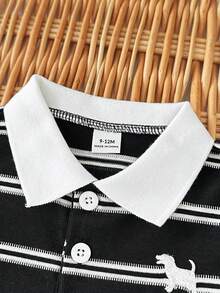 SHEIN Playful Pals 两件套男婴休闲时尚刺绣条纹针织Polo领短袖上衣和配套短裤套装，适合春夏外出、居家、运动，舒适透气，学院风。 - 黑色 - 查看 4