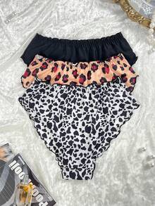 3 piezas Braguitas de bikini con estampado de leopardo + unicolor + estampado de vaca con decoración de lazo para mujer - Multicolor - Ver 2