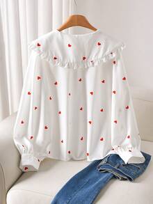 CosyJoli 加大码爱心印花彼得潘领长袖衬衫 - 白色 - 查看 2