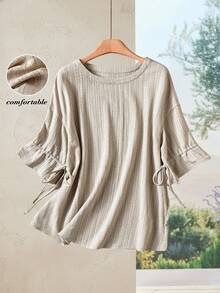 Rusticease 女士夏季休闲提花条纹复古衬衫，新年宽松版型，浅卡其色袖口带抽绳，优雅女士衬衫，休闲上衣，适合度假穿着，春季夏季外出穿着，短袖夏季上衣 - 淺灰色 - 查看 3