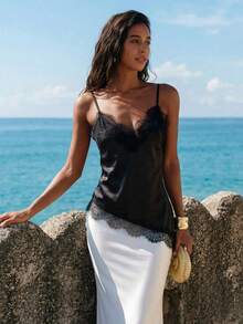 Nevyona Women's Sexy Vacation Style Solid Color Contrast Lace Asymmetrical Hem Backless Camisole Top - Black - View 5