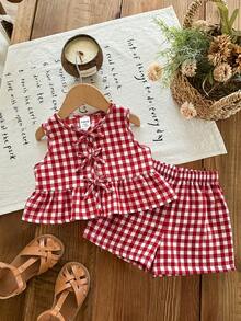 LMoss Kids Conjunto lindo de chaleco con volantes y shorts con decoración de lazo a cuadros para bebé niña - Rojo y blanco - Ver 6