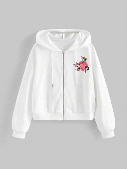 The Powerpuff Girls | ROMWE Sudadera con capucha con cordón y cremallera, estampado de dibujos animados, casual, para otoño