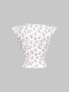 SHEIN MOD Áo nữ cổ chữ V phối ren in hoa, thích hợp mùa hè, lễ tình nhân, dự tiệc, đi biển, nghỉ lễ, tiệc trà, áo thường ngày cho nữ, áo hoa, sinh nhật, lễ hội, đi chơi, dễ thương, lãng mạn, phong cách cổ điển, thanh lịch. - trắng - Xem 5