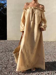 Livesso 女士休闲中长连衣裙，荷叶边泡泡袖，度假风连衣裙 - 米色 - 查看 4