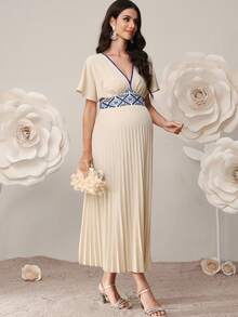 SHEIN 孕妇撞色滚边短袖褶皱腰身优雅连衣裙 - 卡其色 - 查看 5
