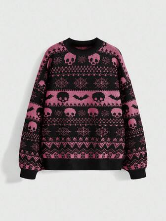 Goth Vintage Dark Skeleton & Bat Jacquard Knit Sweater For Women, Loose Fit Casual Round Neck Pullover, Autumn/Winter