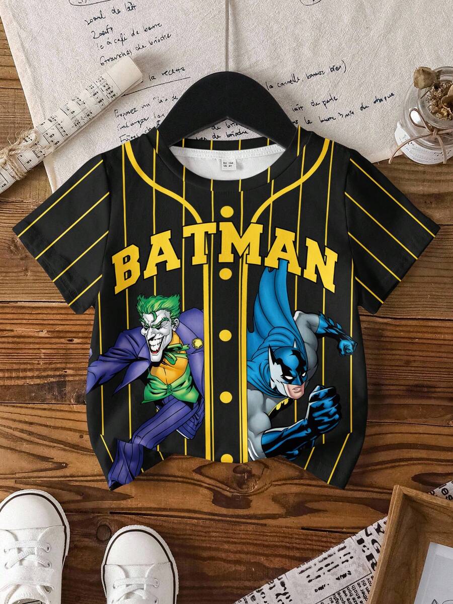 BATMAN X SHEIN Áo thun ngắn tay cổ tròn họa tiết hoạt hình kẻ sọc cho bé trai, thích hợp mặc mùa hè. - trắng - Xem 1