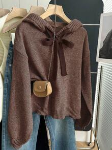 Franclia Women's Autumn/Winter New High-End Thickened Versatile Casual Hoodie T-Shirt, Loose Long Sleeve Lantern Sleeve Knit Sweatshirt Pullover, Women's Outerwear, Halloween T-Shirt, Women's Winter Sweatshirt, Autumn Matching, Christmas Sweatshirt - Coffee Brown - View 4