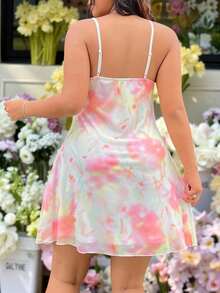 GalTyme 大码女式夏季透气网纱彩色花卉图案褶皱胸前蝴蝶结装饰吊带A字连衣裙 - 彩色 - 查看 2