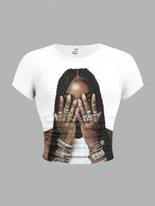 少女款白色+浅桃色+黑色，个性化街头嘻哈女孩T恤，洛杉矶手势钻石唇形图案，篮球主题，修身款，运动健身健康 - 彩色 - 查看 5