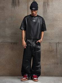 AXEPEAK 男士圆领插肩袖休闲宽松时尚T恤 - 黑色 - 查看 5