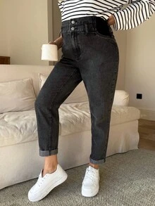 SHEIN Quần jeans bầu màu trơn, cạp hai lớp, có túi, kiểu dáng thường ngày, đa năng, thích hợp cho mùa xuân, Giáng sinh, Năm mới, Lễ Tạ ơn, đi làm, nghỉ mát, tốt nghiệp, phong cách Y2K, dễ thương, thời trang đường phố, dự tiệc, đám cưới, thanh lịch, công sở, thường ngày. - màu đen - Xem 7