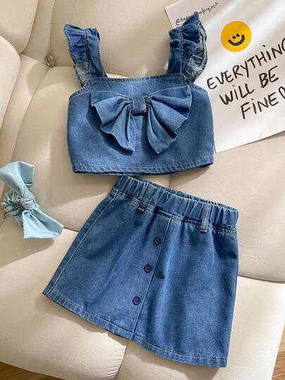 2 st/set denimoutfit för unga flickor, ärmlös väst med volangdesign, rosett och denimminikjol, avslappnad pendling