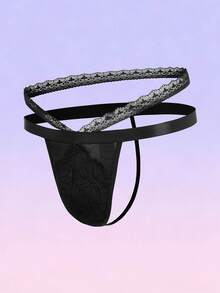 FeverCity Men's Contrast Lace Hollow Out Sexy Briefs - Black - View 4