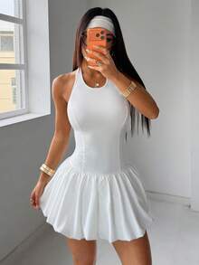 SHEIN EZwear Women's Gym Dress White Knit Halter Sleeveless Backless Sports Dress White Casual Dress White Club Dress Tennis Dress - White - View 7