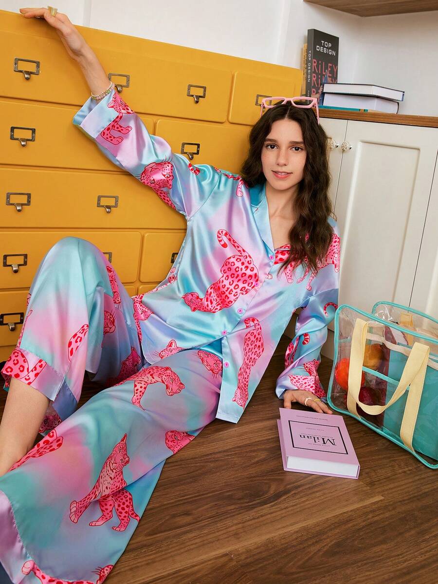 Chillnights 情人节年轻时尚豹纹元素扎染印花翻领开衫女式睡衣套装 - 彩色 - 查看 1