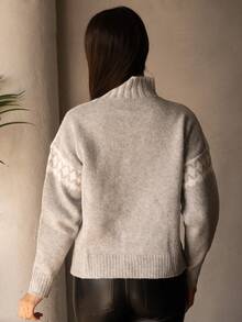 Andrea Bello Women's Geometric Pattern Stand Collar Drop Shoulder Long Sleeve Loose Casual Sweater, Autumn/Winter,Knitted Sweater - Apricot - View 2