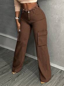 Slaydiva Plus Size Women's Solid Color Washed Denim Cargo Pants, Spring/Summer - Coffee Brown - View 3